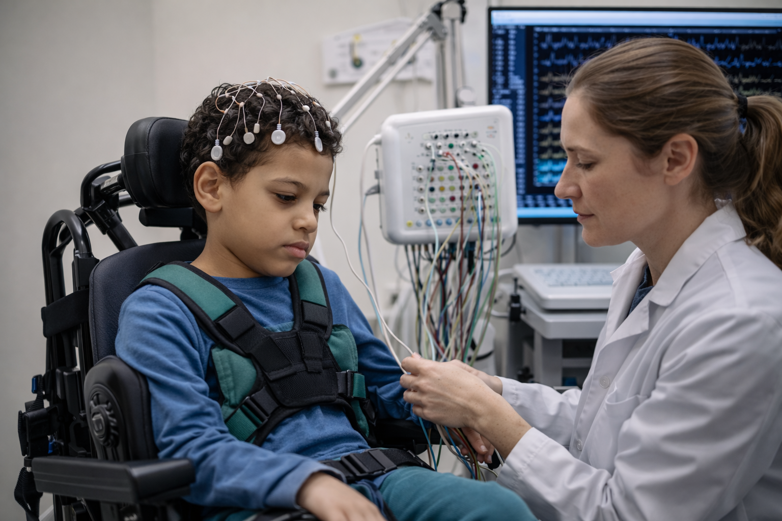 Child with cerebral palsy seated in a medical chair undergoing neurological testing with EEG electrodes attached to the scalp, while a clinician monitors and adjusts equipment in a clinical setting.
