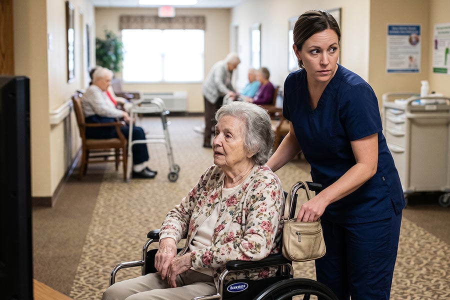 A caregiver in a navy blue scrub shirt pushes an elderly woman in a wheelchair through a common room in a nursing home.